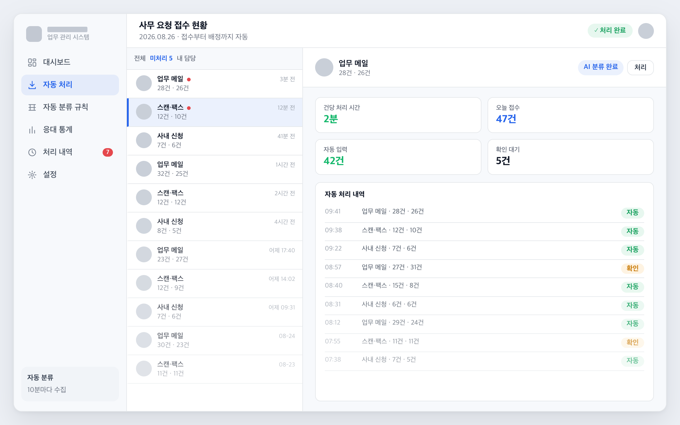 분류 결과와 확인 대기 건이 함께 보이는 접수 대장
