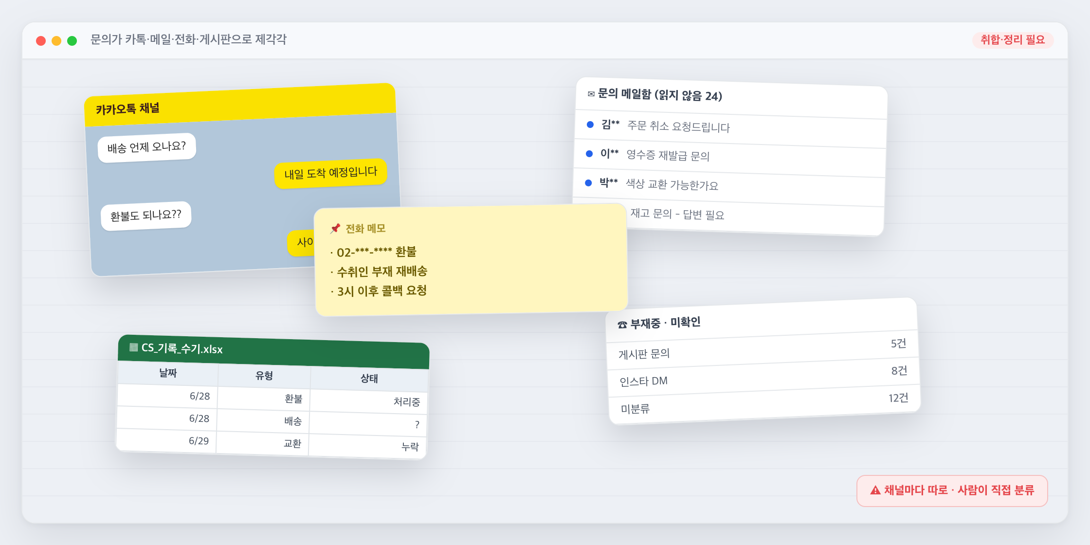수기 문의 분류 화면