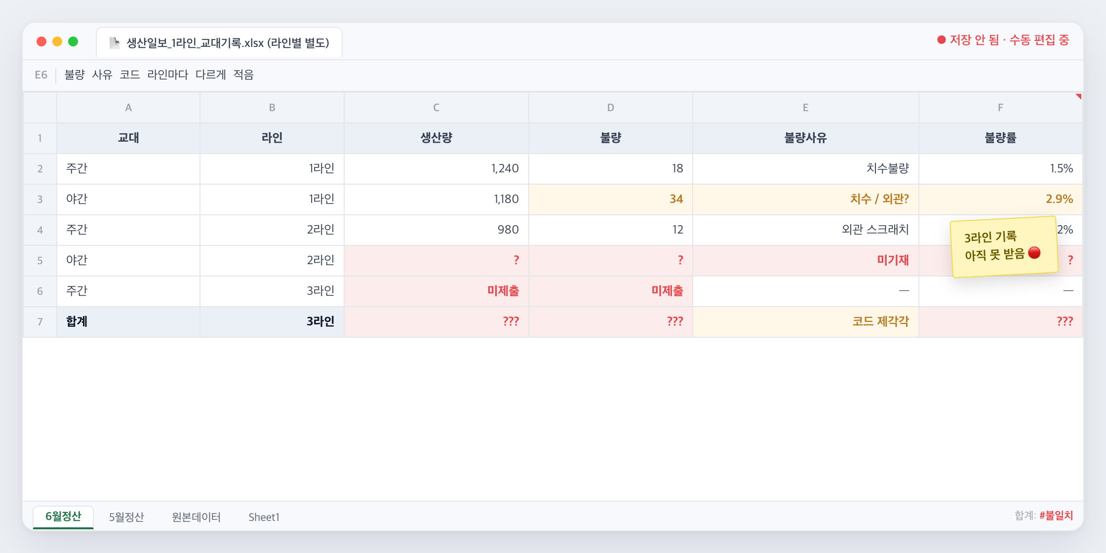 라인별 수기 생산 기록 화면