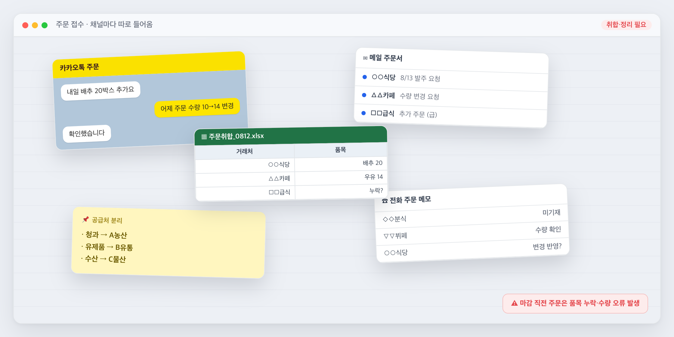 채널별 주문 수기 정리 화면